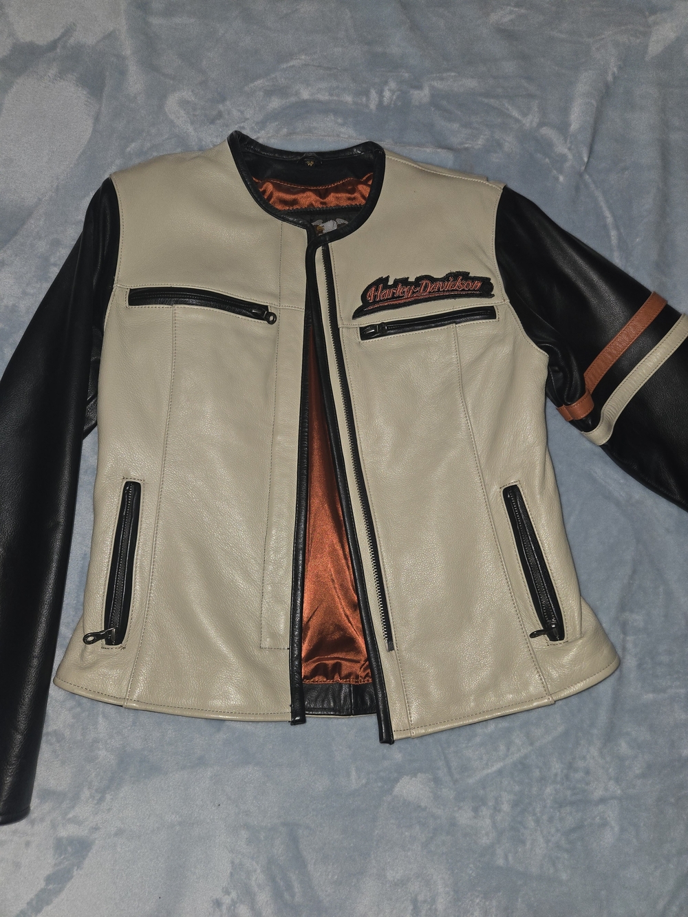 Harley-Davidson Cream and Black Leather Riding Jacket with Orange Lining